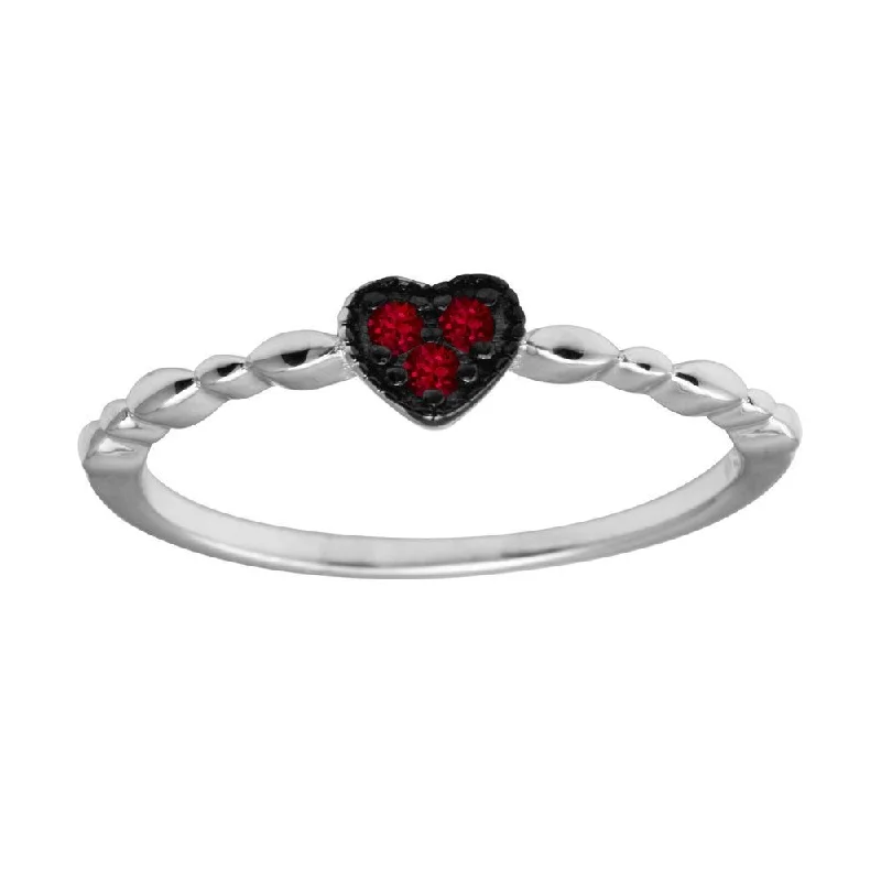 Rhodium Plated 925 Sterling Silver Heart 3 Red CZ Ring - BGR01227RED