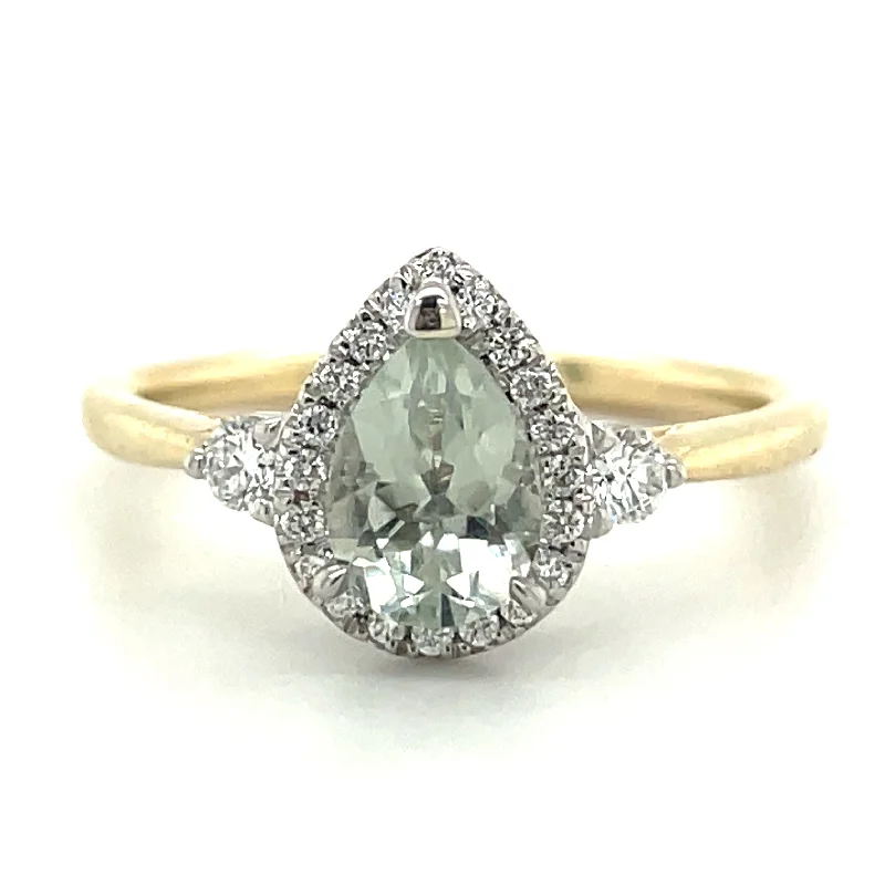 9ct Yellow Gold Pear Cut Green Amethyst and Diamond Ring