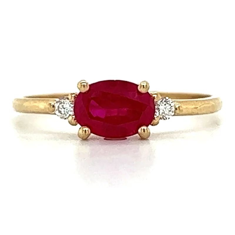 9ct Yellow Gold Earth Grown Horizontal Oval Ruby & Side Diamond Ring