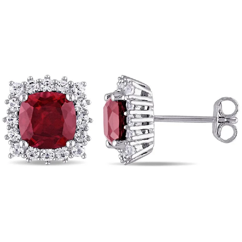 Miadora Sterling Silver Created Ruby and Created White Sapphire Halo Stud Earrings - Red