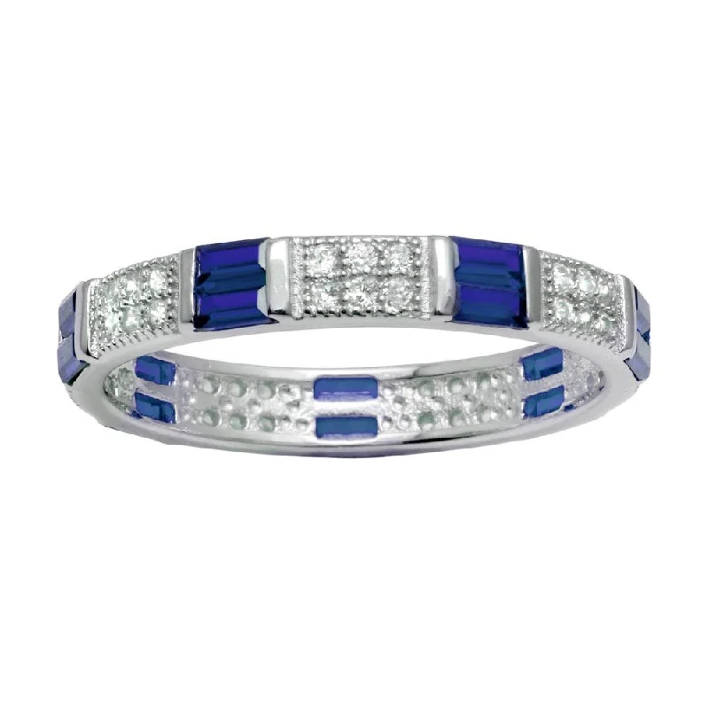 Rhodium Plated 925 Sterling Silver Pattern Eternity Ring with Blue and Clear CZ - BGR01177BLU