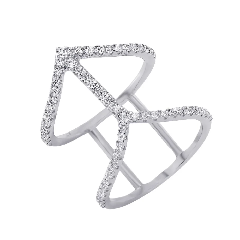 Silver 925 Rhodium Plated Connecting Chevron Ring - BGR00966