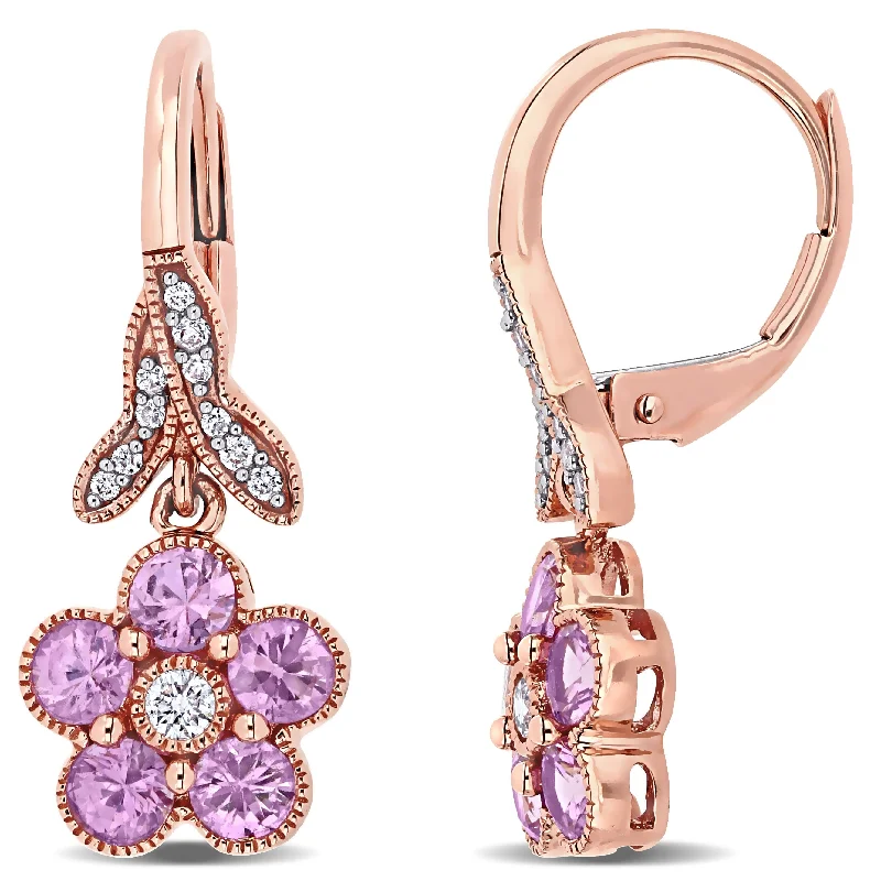 Miadora 14k Rose Gold Pink Sapphire and 1/7ct TDW Diamond Flower Drop Earrings