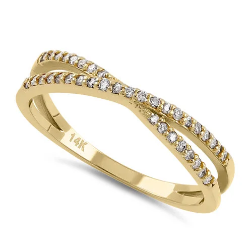 Solid 14K Yellow Gold Thin Trendy X Crossover Diamond Ring