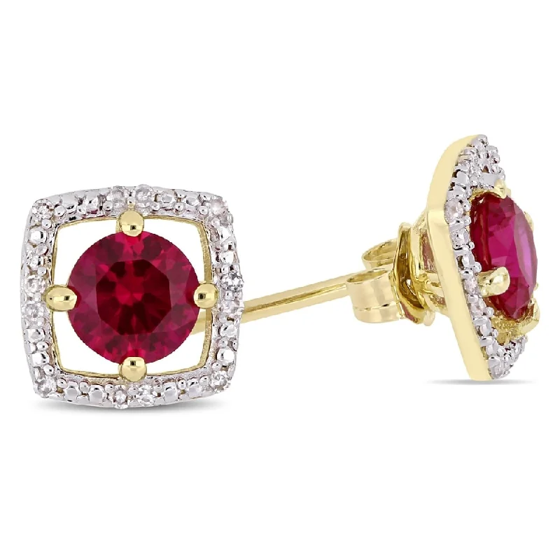 Miadora 10k Yellow Gold Created Ruby and Diamond Accent Floating Square Halo Stud Earrings