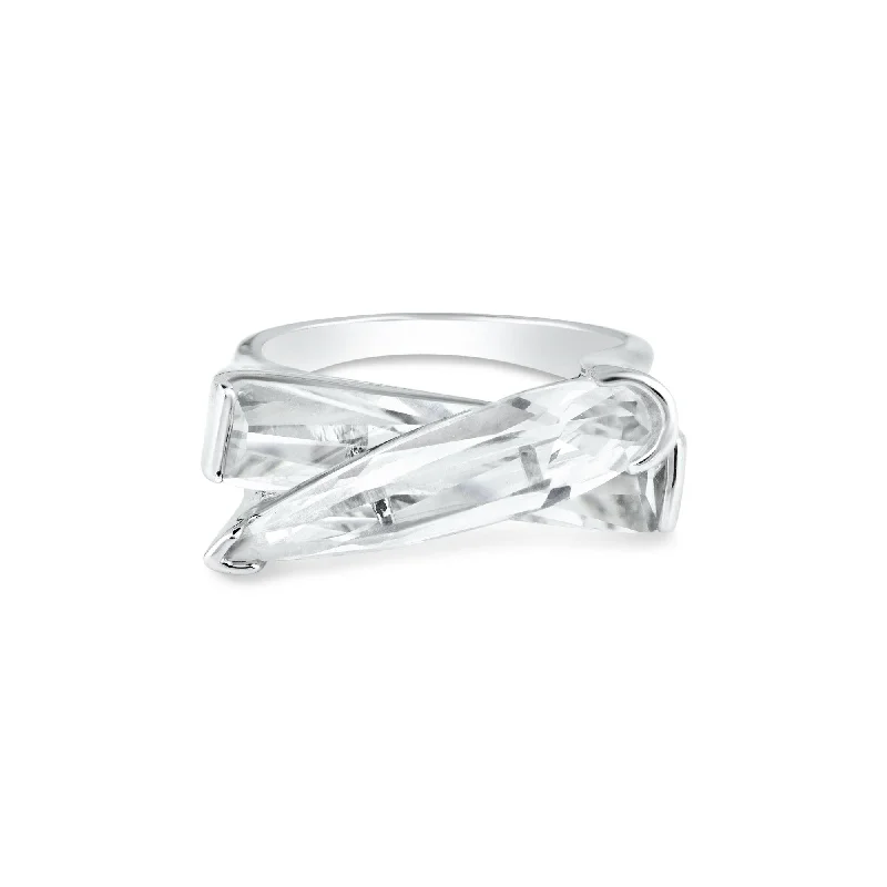 Clearance-Silver 925 Rhodium Plated Clear CZ Criss Cross Ring - BGR00299