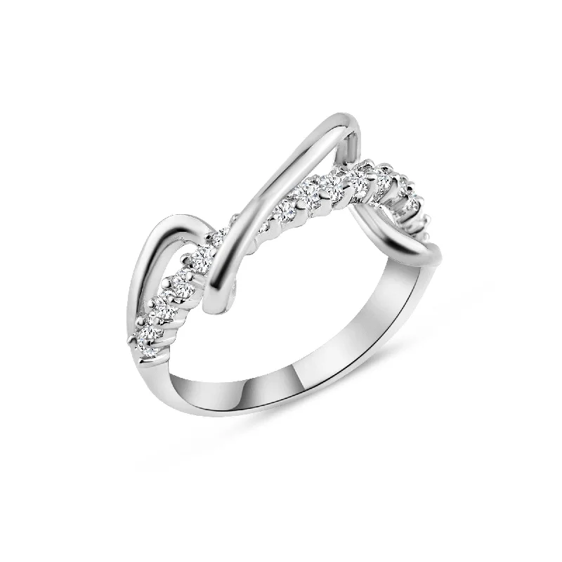 Silver 925 Rhodium Plated CZ Winding Zigzag Ring - BGR00114