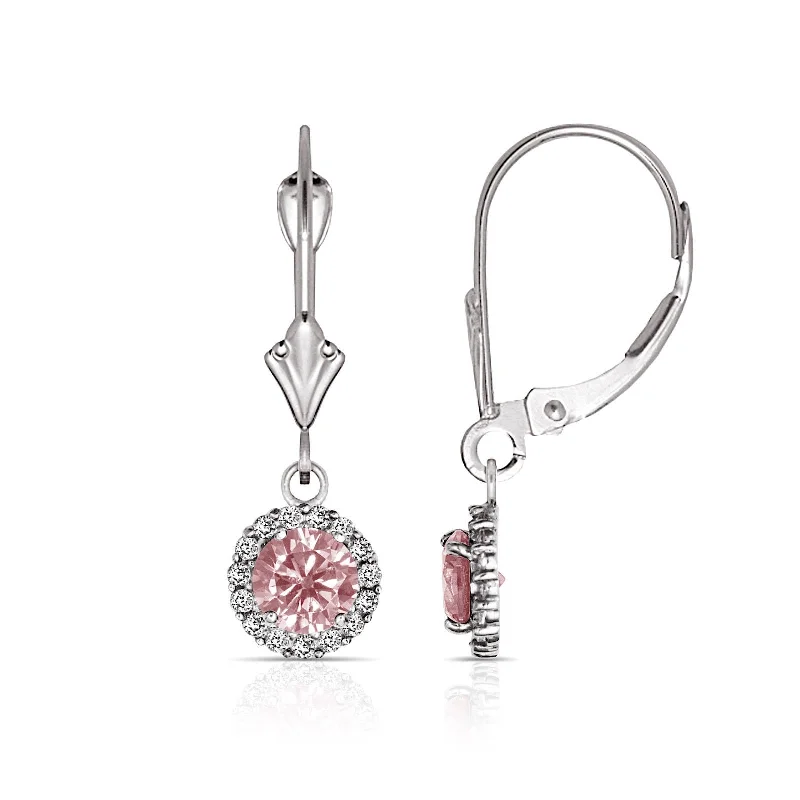 Curata Solid 14k White Gold Birthstone Round Cubic Zirconia Halo Dangle Leverback Earrings (6mm x 25mm)