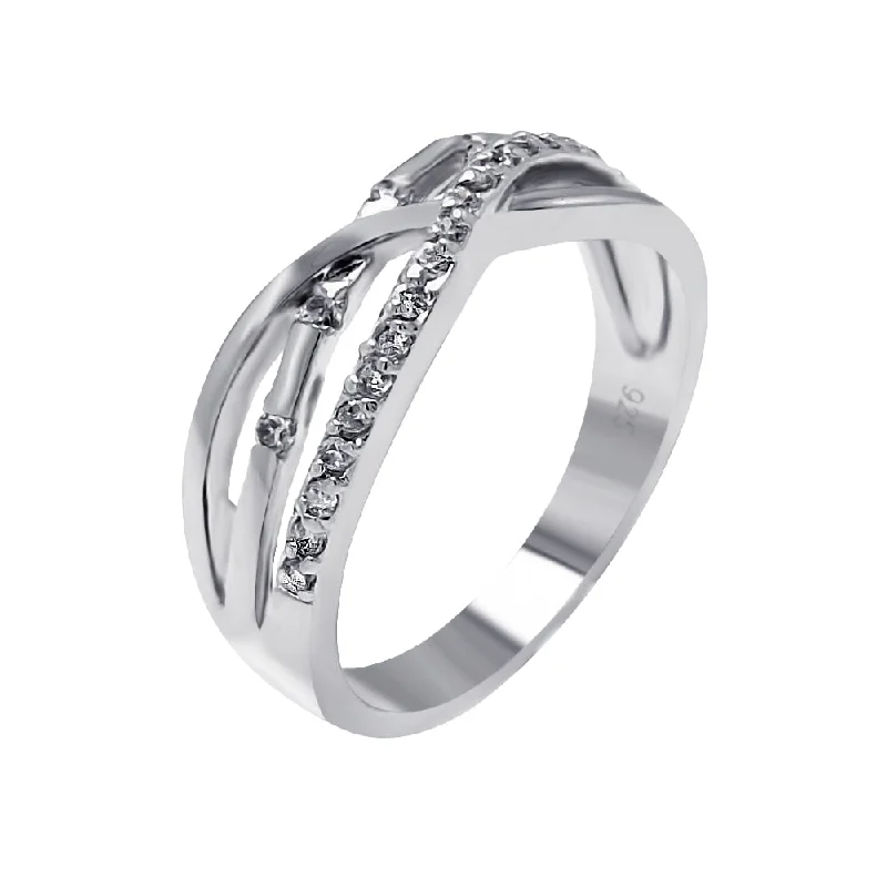 Silver 925 Rhodium Plated Clear CZ 3 Row Overlap Ring - BGR00510