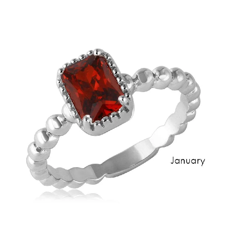 January Sterling Silver 925 Rhodium Plated Beaded Shank Square Center Birthstone Ring - BGR01081JAN