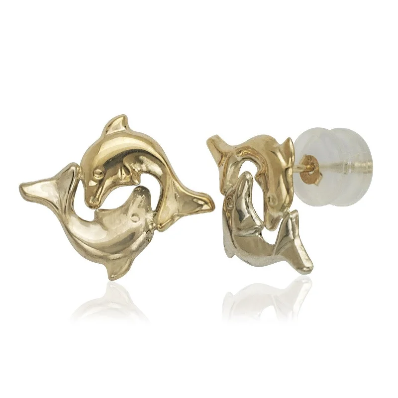 14k Two-tone Gold Double Dolphin Post Earrings - White