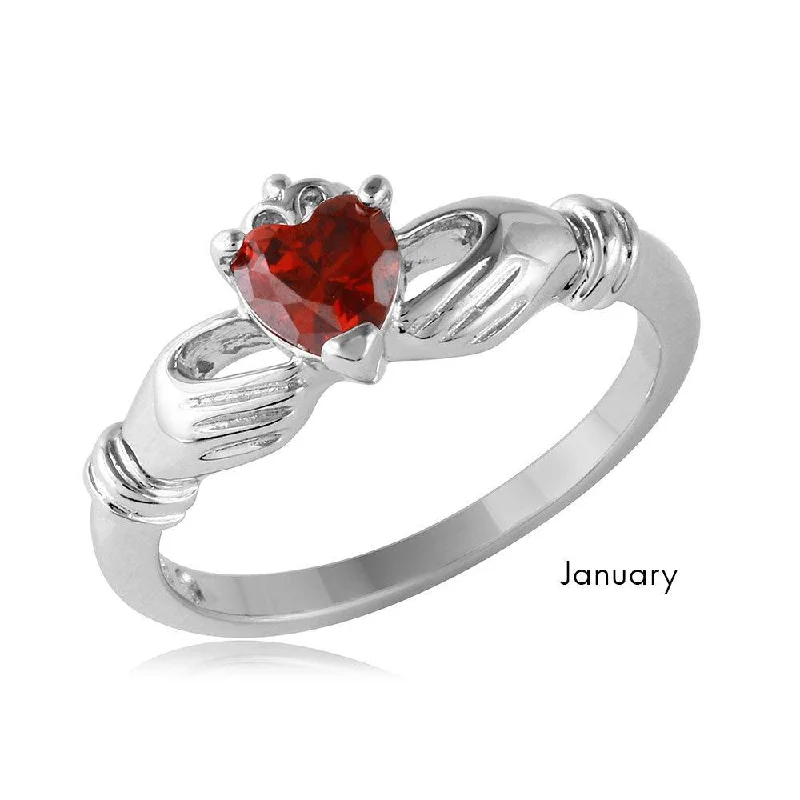 January Sterling Silver 925 Rhodium Plated CZ Center Birthstone Claddagh Ring - BGR01083JAN