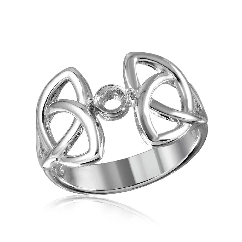 Silver 925 Rhodium Plated Triquetra Shank Single Stone Mounting Ring - BGR01212