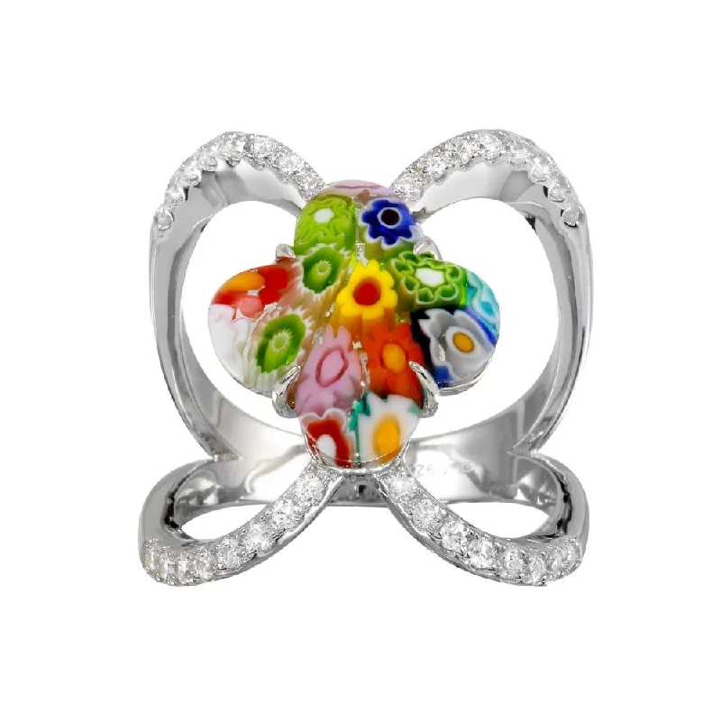 Rhodium Plated 925 Sterling Silver Open Shank Flower Shape Murano Glass CZ Ring - MR00013