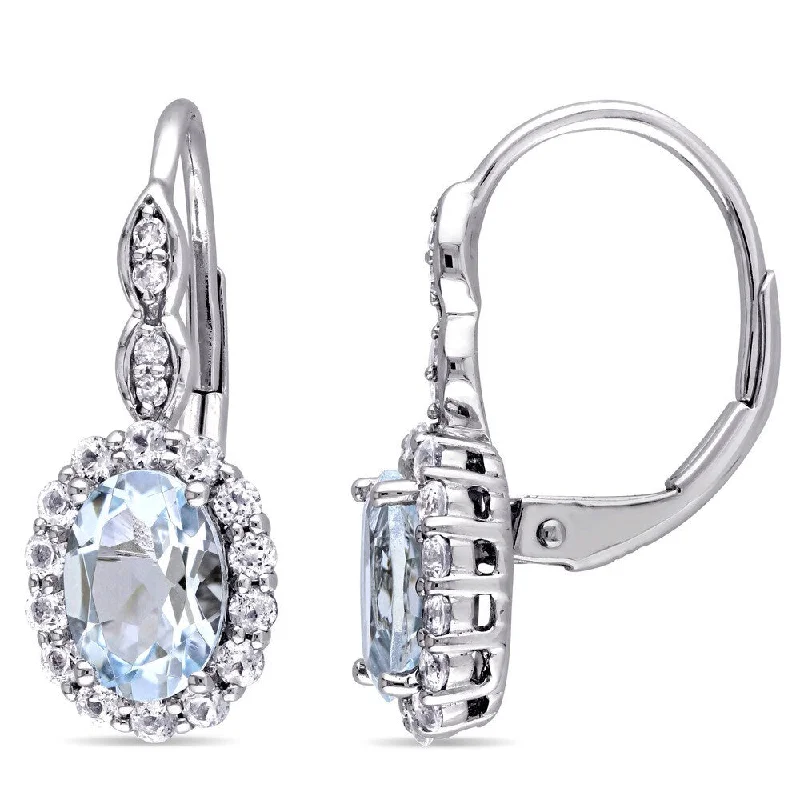 Miadora 14k White Gold Oval-cut Aquamarine, White Topaz and Diamond Accent Halo Leverback Drop Earrings