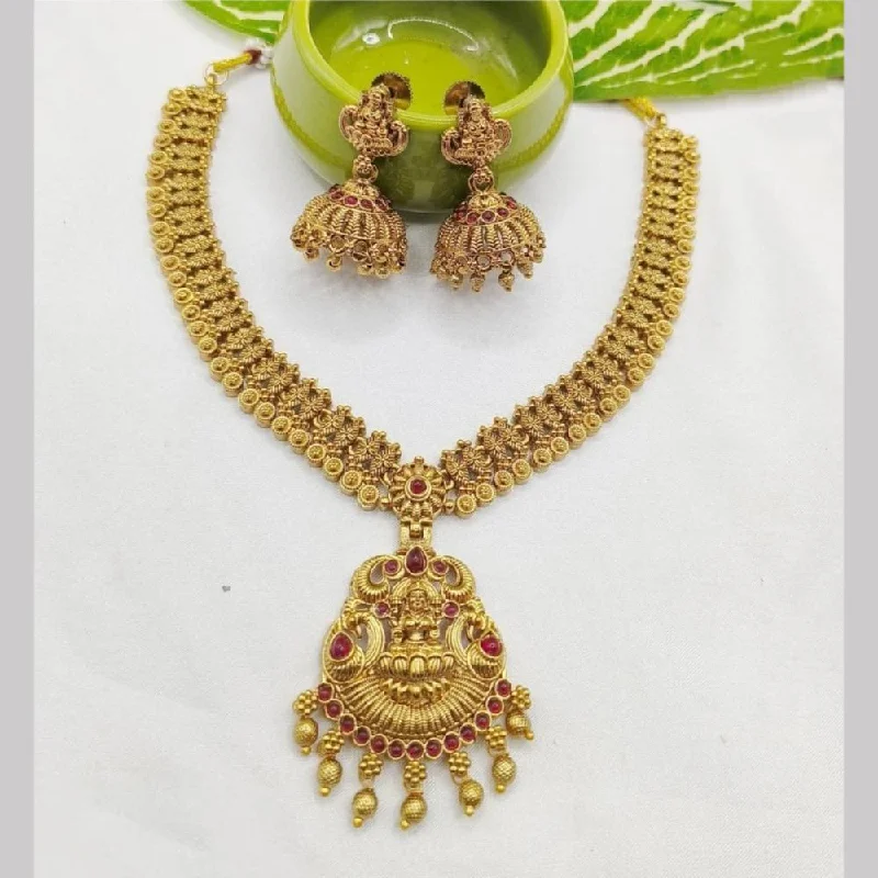 Joyful Jewel Art Matte Gold Plated Pota Stone Temple Necklace Set