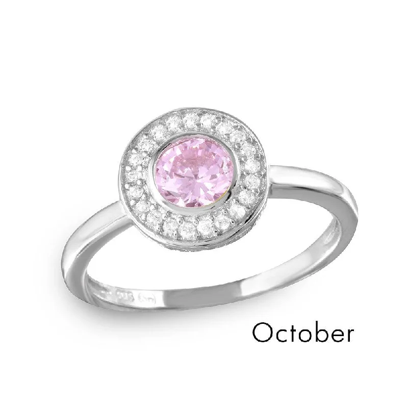 October Sterling Silver 925 Rhodium Plated CZ Center Birthstone Halo Ring - BGR01082OCT