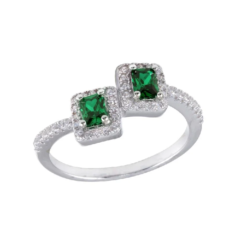 Rhodium Plated 925 Sterling Silver Double Square Green Center CZ Ring - BGR01254GRN