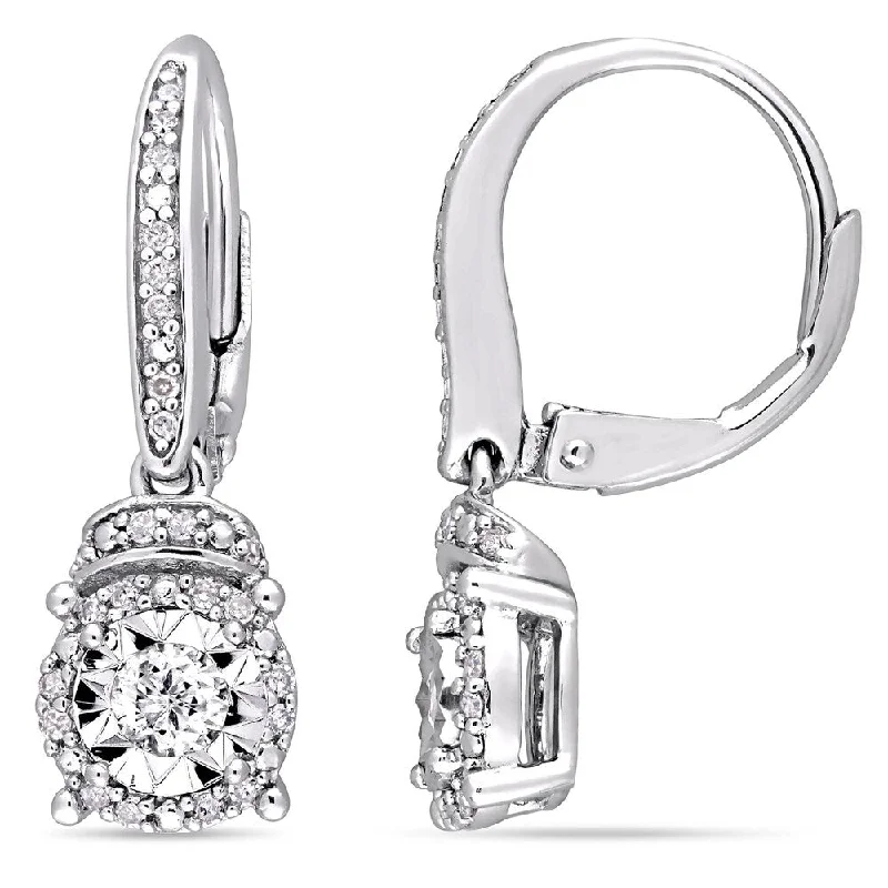 Miadora Signature Collection Sterling Silver 1/3ct TDW Diamond Cluster Halo and Rondelle Leverback Earrings