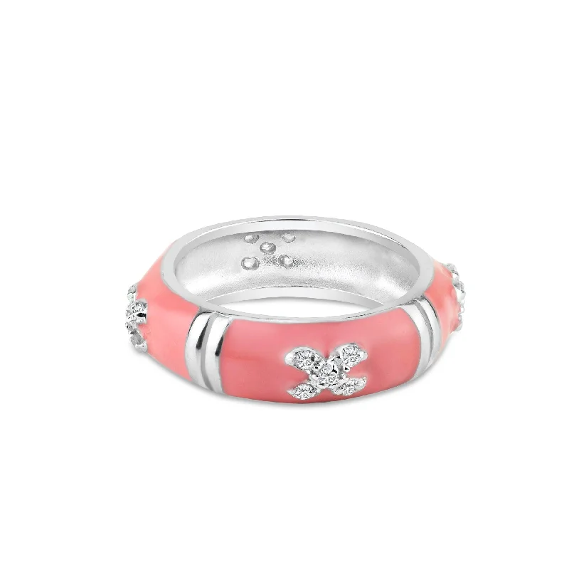 Clearance-Silver 925 Rhodium Plated Pink Enamel Pave Set CZ Ring - STR00519