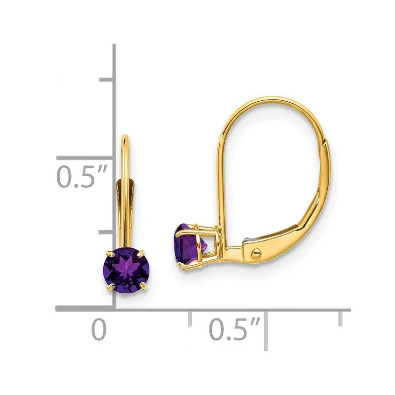 Curata 14k Yellow Gold 4mm Round Amethyst Leverback Earrings (5x14mm)