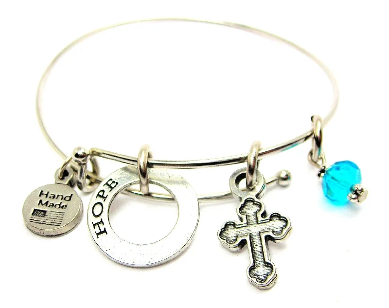 Hope Affirmation Ring With Engraved Catholic Cross Expandable Bangle Bracelet