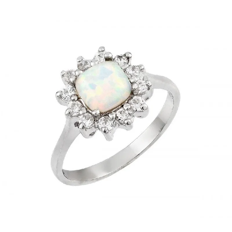 Silver 925 Rhodium Plated Opal Clear Cluster CZ Flower Ring - STR00995