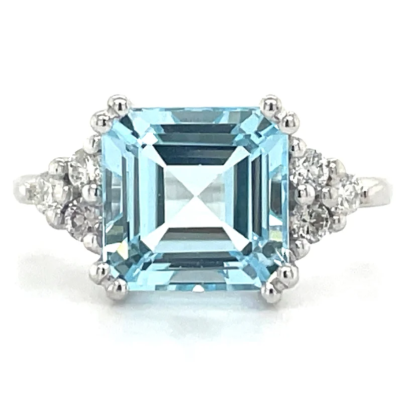 9ct White Gold Earth Grown Princess Cut Blue Topaz & Diamond Ring