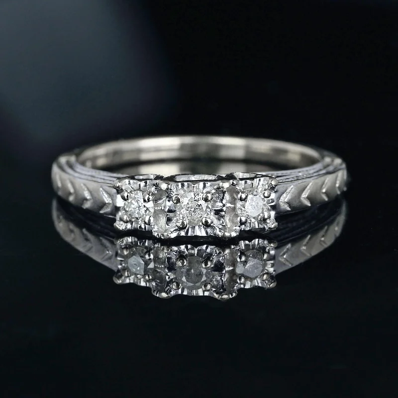 Vintage 10K White Gold Three Stone Diamond Ring