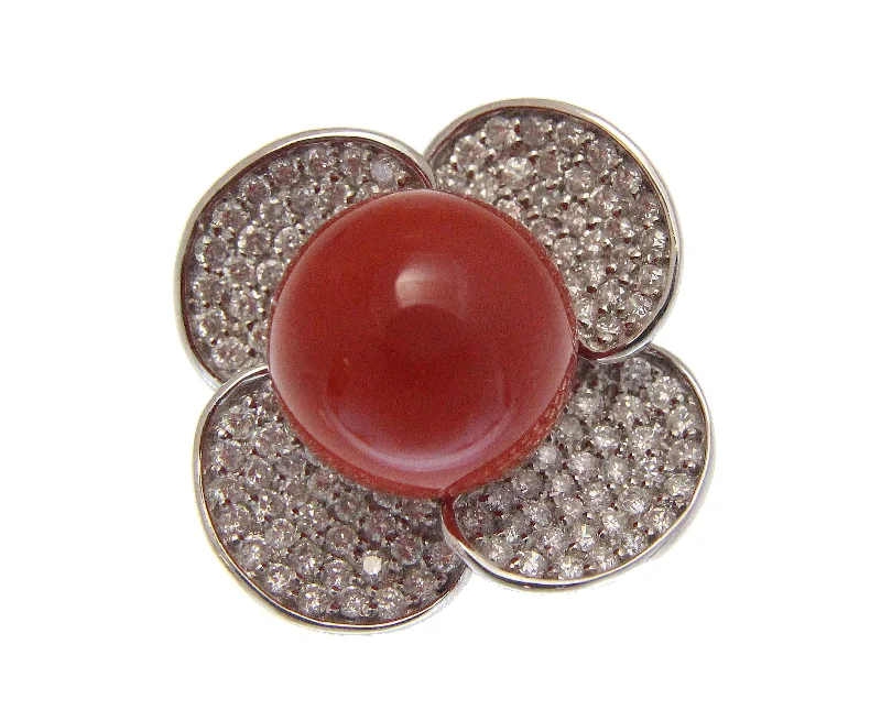 GENUINE NATURAL 13MM RED CORAL ROUND BALL DIAMOND RING SOLID 18K WHITE GOLD