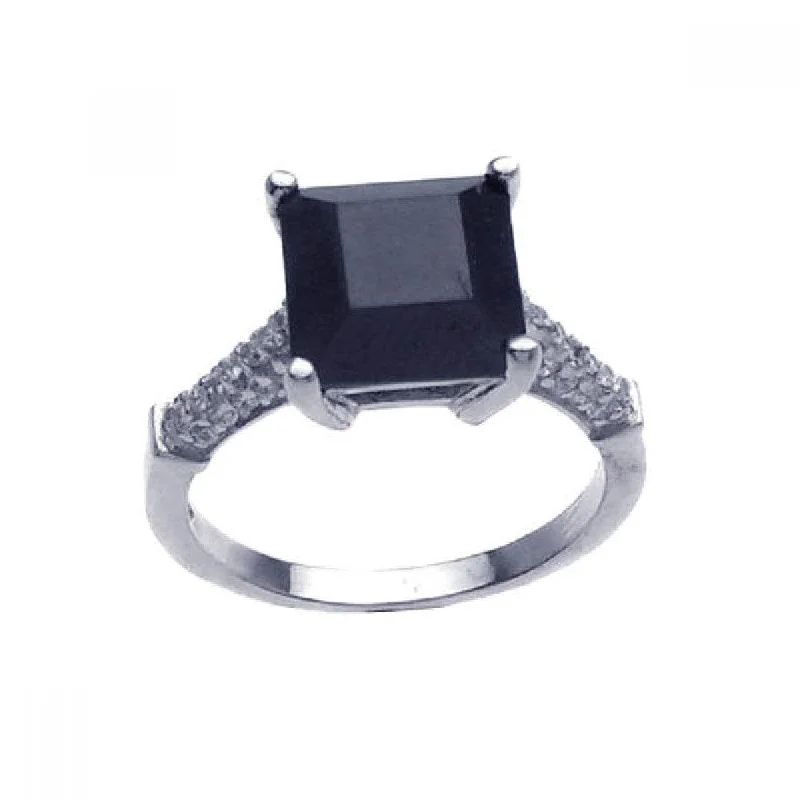 Silver 925 Rhodium Plated Black Square Center Pave Set Clear CZ Ring - STR00635