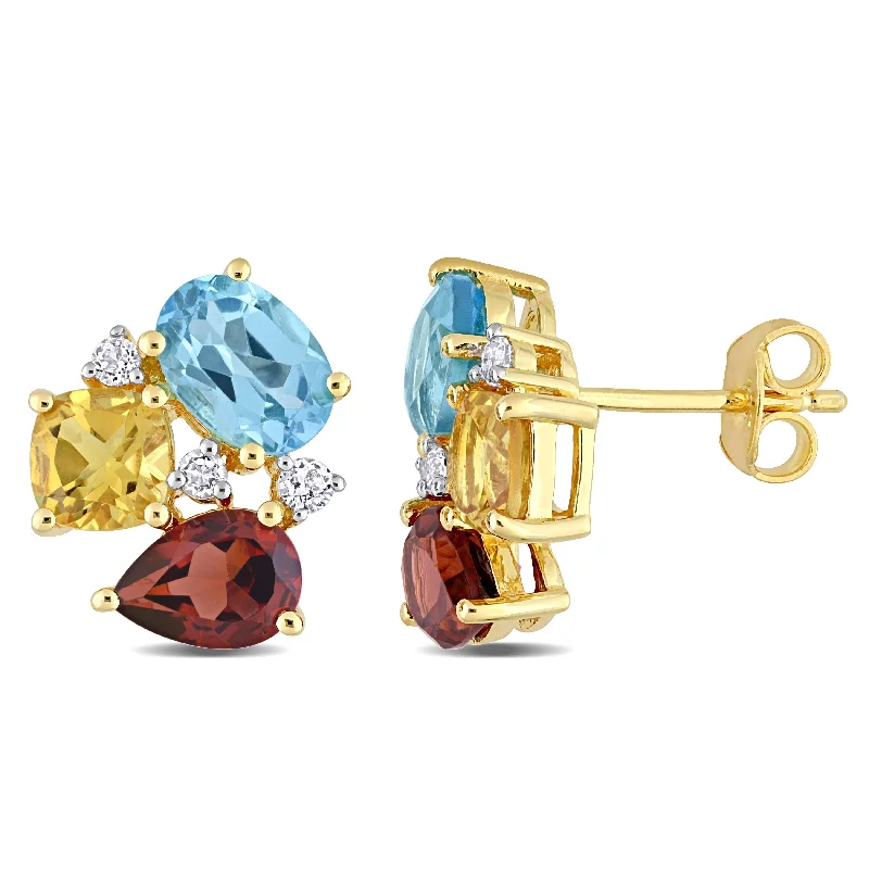 Miadora Multi-Shape Multi-Color Gemstone Cluster Stud Earrings in Yellow Plated Sterling Silver