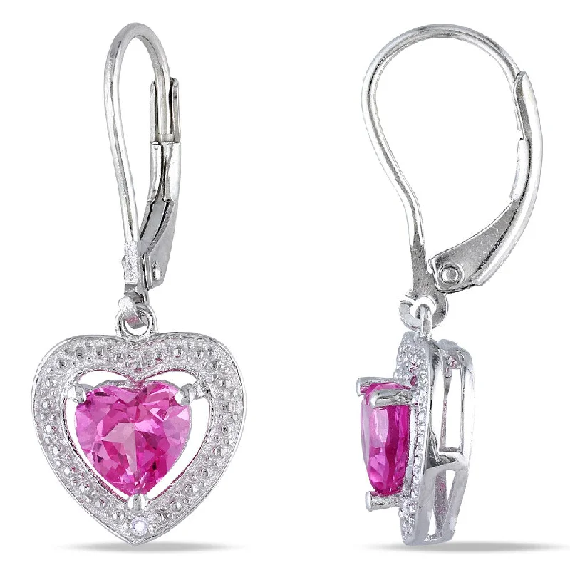 Miadora Sterling Silver Created Pink Sapphire and Diamond Heart Earrings