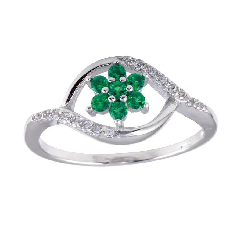 Rhodium Plated 925 Sterling Silver Wave Green Center Flower CZ Ring - BGR01252GRN