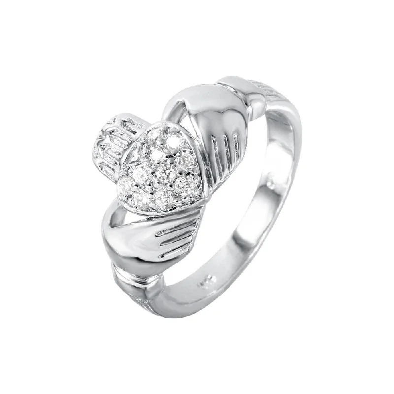 Silver 925 Rhodium Plated CZ Claddagh Ring - STR00140