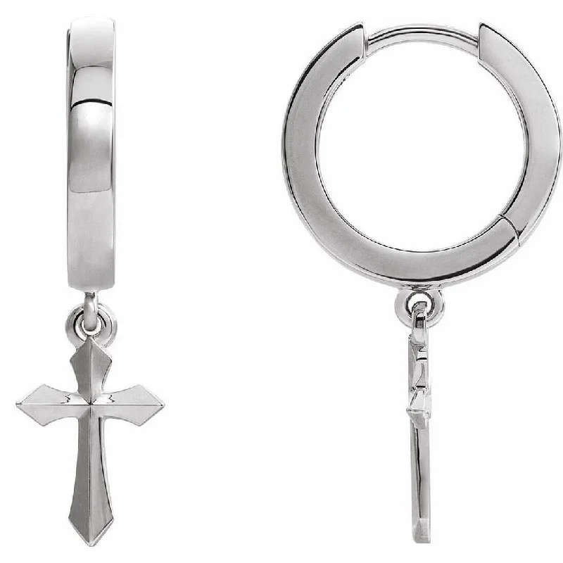 Curata 14k White Gold Polished Beveled Cross Dangle Hinged Hoop Earrings 20.1x2.4 mm