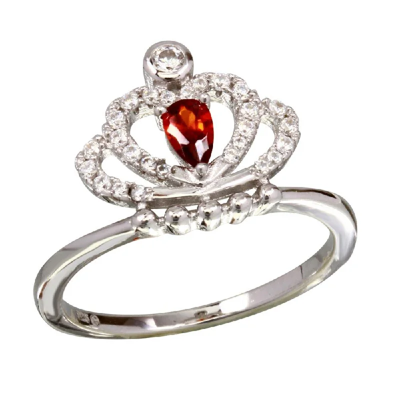 Rhodium Plated 925 Sterling Silver Red CZ Crown Ring - BGR01169RED