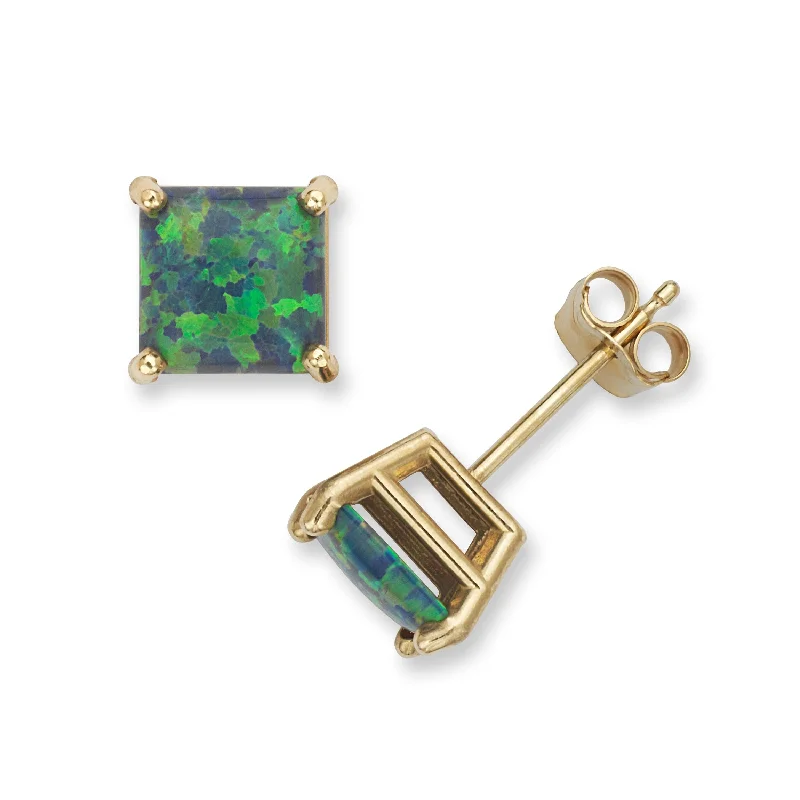 14k Yellow Gold 6mm Reconstructed Opal Square Princess Earrings