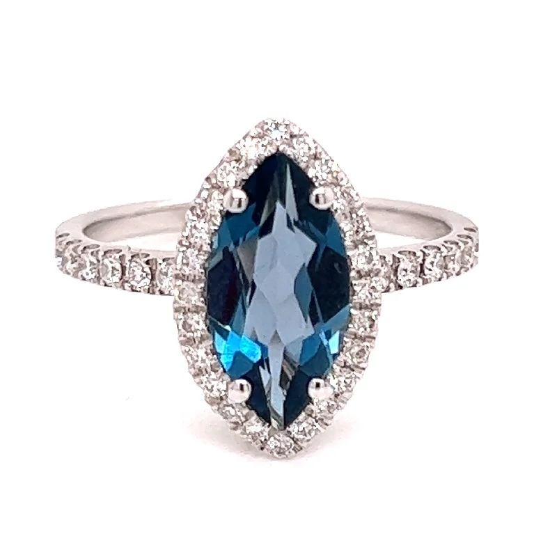 18ct White Gold 1.67ct Earth Grown Marquis London Blue Topaz & Diamond Ring