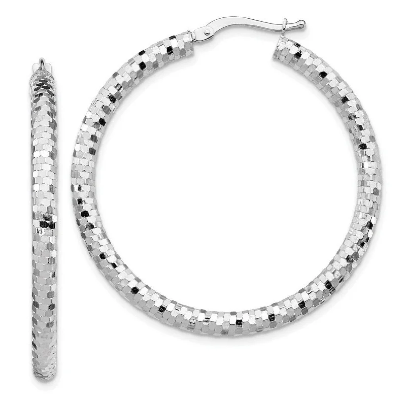 Curata 14k White Gold 3x30mm Sparkle Cut Hoop Earrings