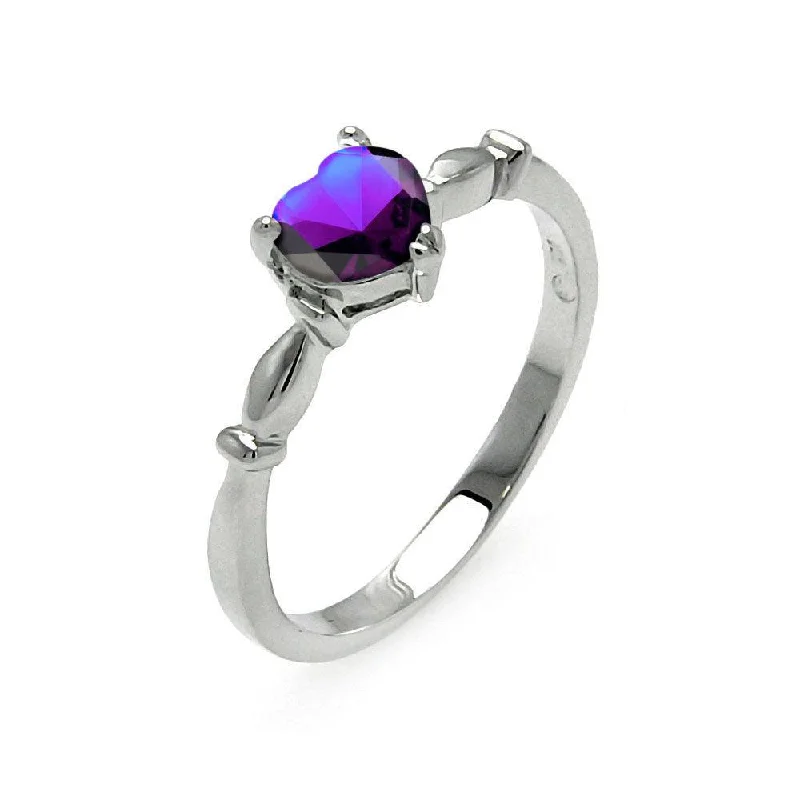 Rhodium Plated 925 Sterling Silver CZ Heart Purple February Ring - BGR00521FEB