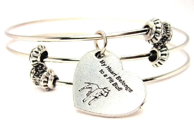 My Heart Belongs To A Pit Bull Heart Triple Style Expandable Bangle Bracelet