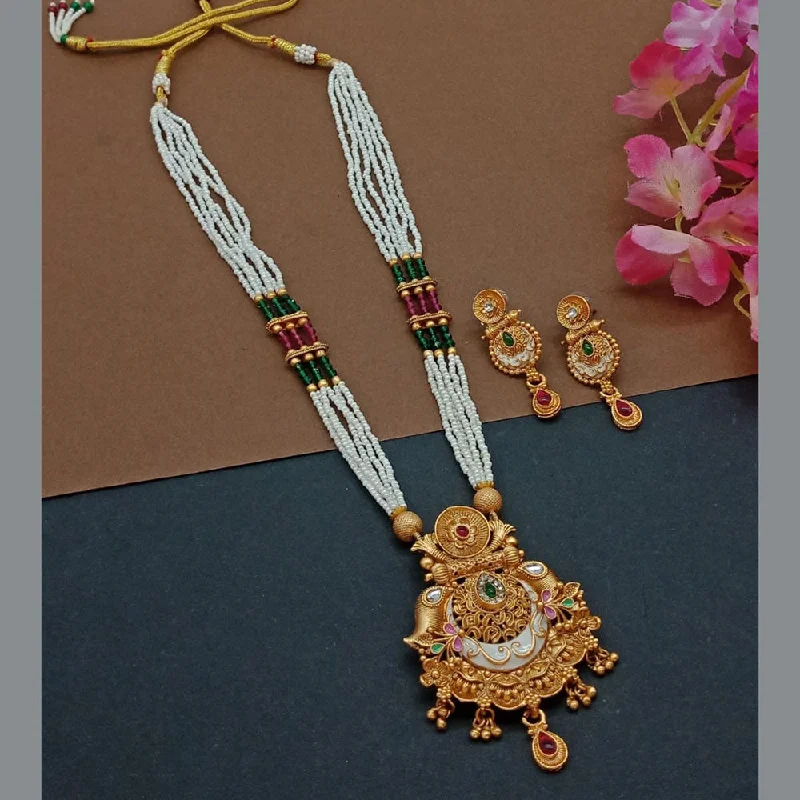 India Art Gold Plated Pota Stone And Pearl Long Necklace Set