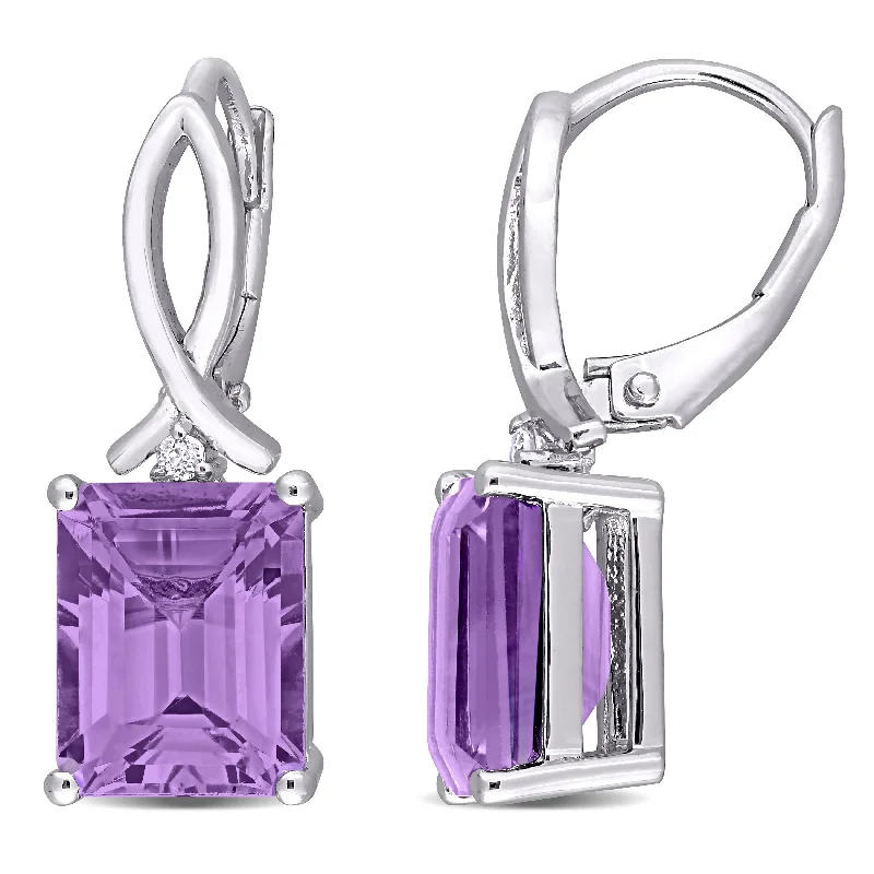 Miadora Sterling Silver Octagon-cut Amethyst and White Topaz Drop Leverback Earrings - 24.7 mm x 8 mm x 10 mm