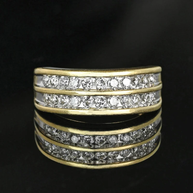 Wide Vintage 14K Gold Double Row Diamond Ring Band