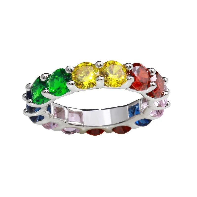 Rhodium Plated 925 Sterling Silver Plated 925 Sterling Silver Multi-Colored Round CZ Stone Ring - GMR00269RBC