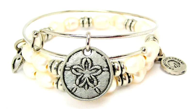 Sand Dollar Natural Fresh Water Pearls Expandable Bangle Bracelet Set