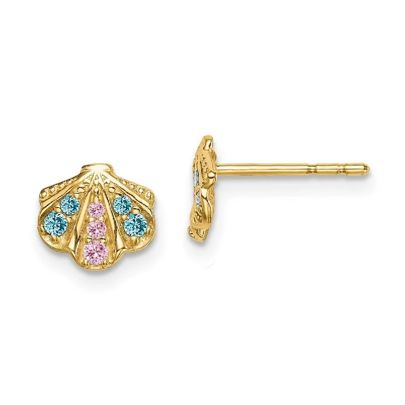 Curata 14k Yellow Gold Blue and Pink CZ Cubic Zirconia Seashell Post Earrings - 7.3mm long