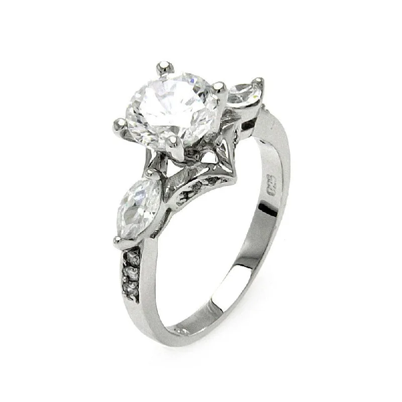 Silver 925 Rhodium Plated Clear Round Center and Marquise Sides CZ Bridal Ring - BGR00554