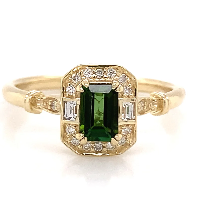 9ct Yellow Gold Earth Grown 0.60ct Emerald Cut Green Tourmaline with White Sapphire & Diamond Ring